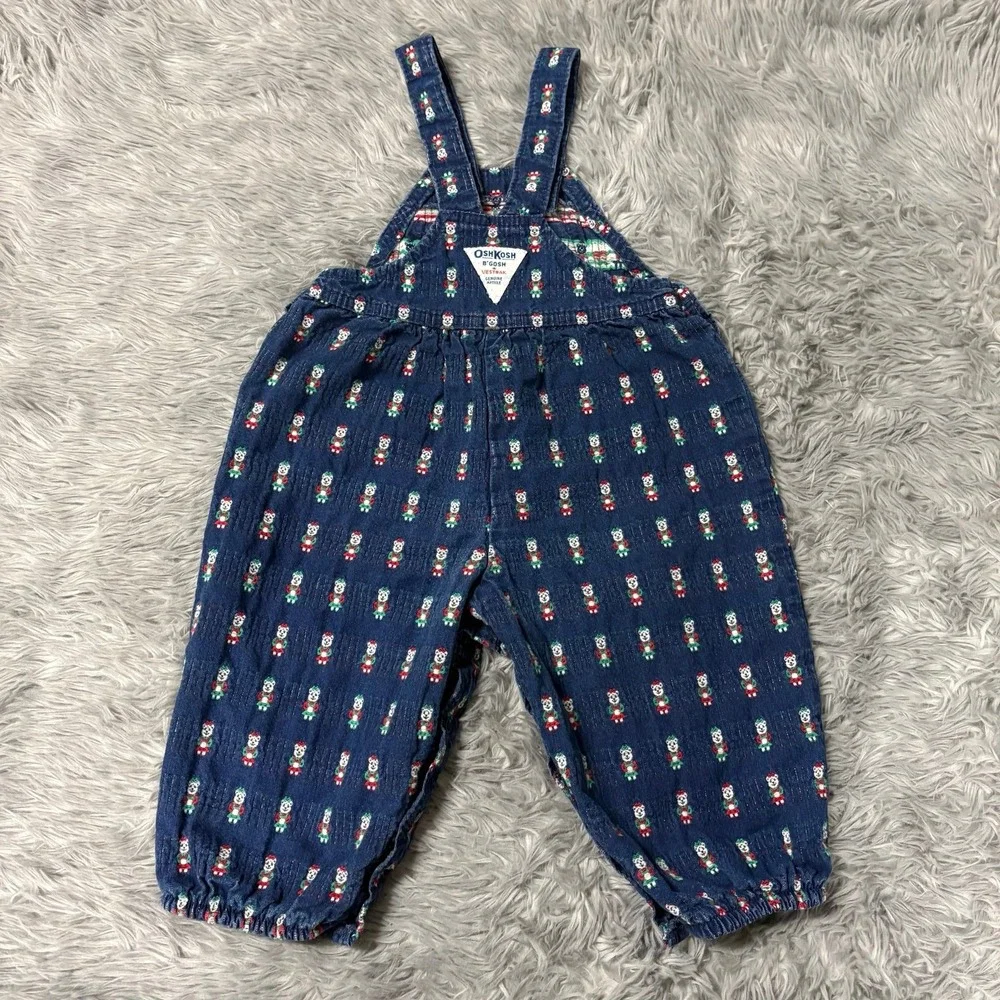 Vintage 1990's Oshkosh B'Gosh Christmas Bear Themed Overalls Toddler Girls 2T